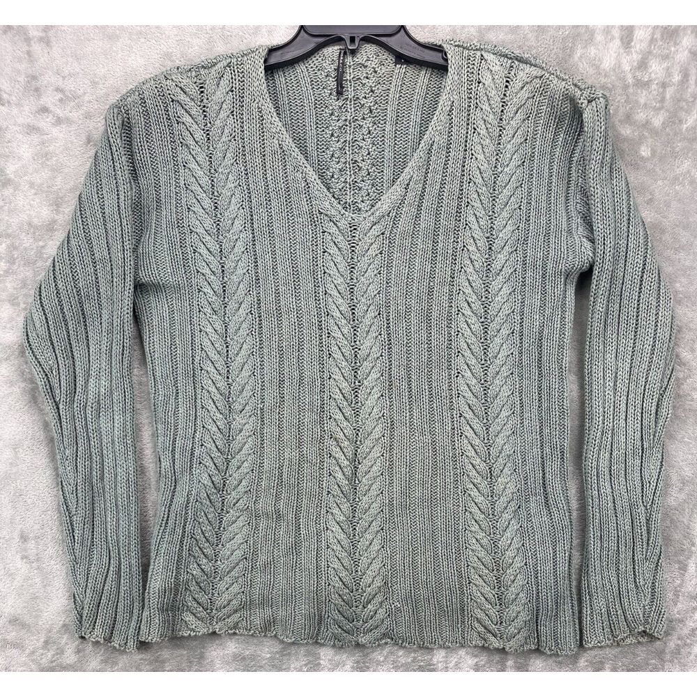 Isda and Co. Women's V-neck Pull Over Cable Knit Sweater Size Large Sage Green
